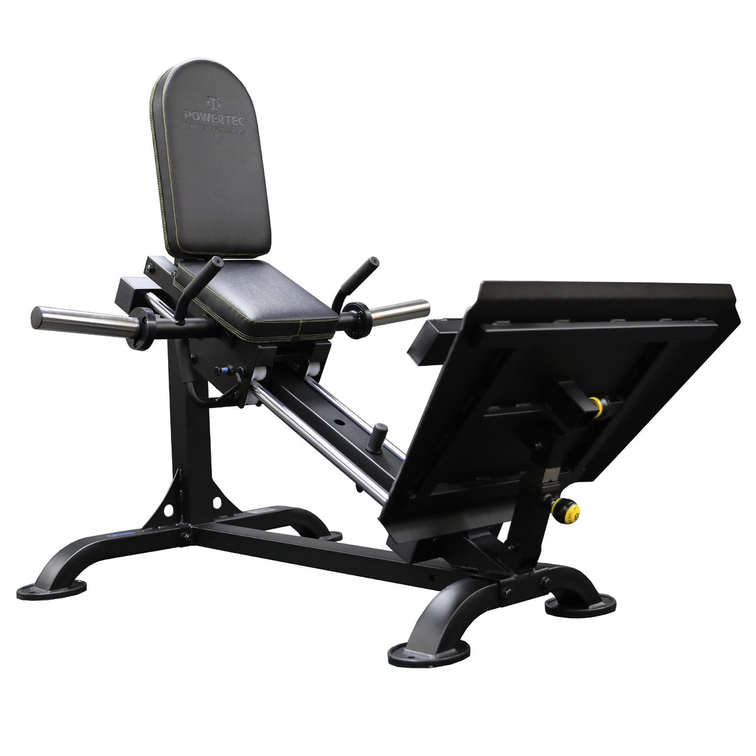 Powertec Compact Leg Sled angled view on white background highlighting seat, back support, footplate, and sled frame.