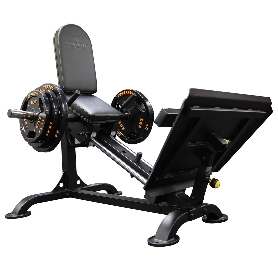 Powertec Compact Leg Sled angled view on white background highlighting seat, back support, footplate, and sled frame.