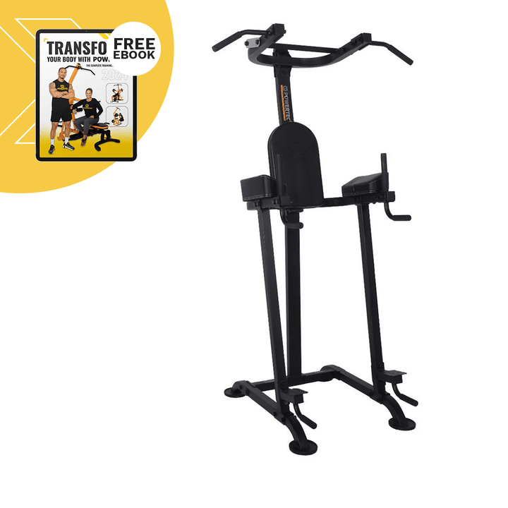 Another silhouette of a Powertec Basic Trainer VKR dips pull ups leg raises equipment.