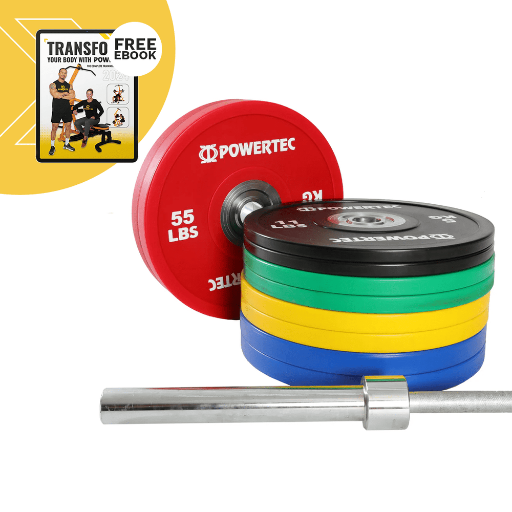 Anniversary Bumper Plates 375 lbs. Set w/ Olympic Bar - Powertec
