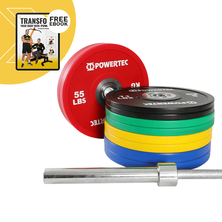Anniversary Bumper Plates 375 lbs. Set w/ Olympic Bar - Powertec