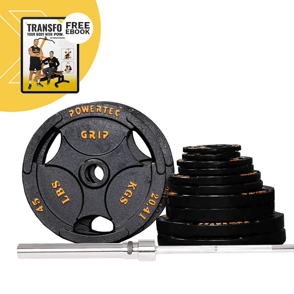 Free eBook with Olympic Bar and Plates 300 lbs. Set - Powertec