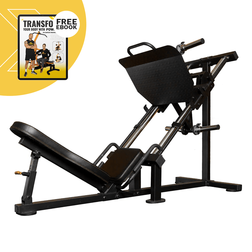 Image containing Free eBook offer with Powertec 45-Degree Leg Press.