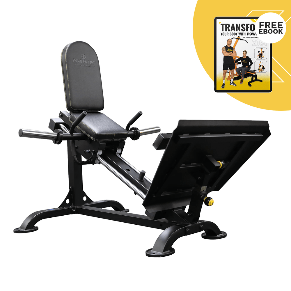 Powertec Compact Leg Sled angled view on white background highlighting seat, back support, footplate, and sled frame.