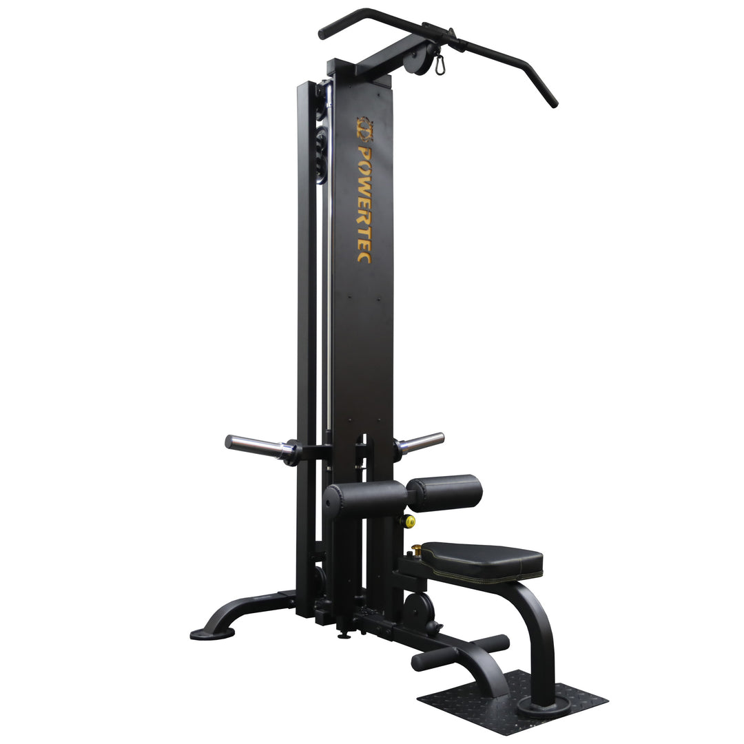A silhouette of a Powertec Lat Machine.