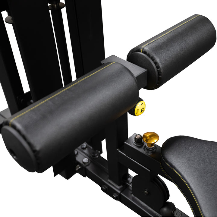 Close up of Powertec Lat Machine's padded leg support.