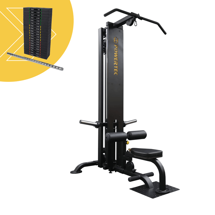 A silhouette of a Powertec Lat Machine with a sign of free weight stack.