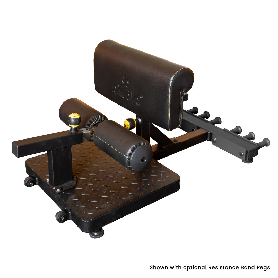 Front perspective of the Powertec Sissy Squat Pro, emphasizing the large footplate and built-in wheels for easy mobility.