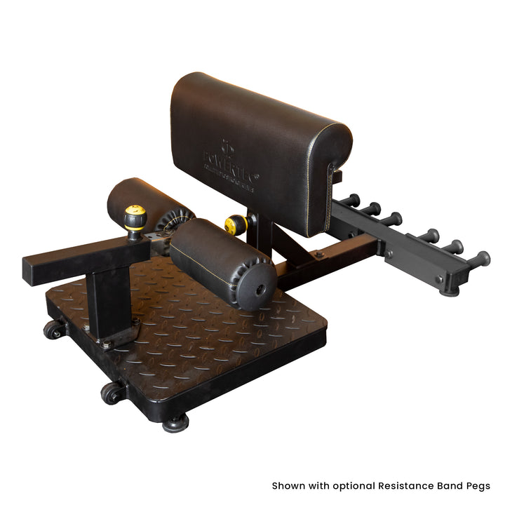 Front perspective of the Powertec Sissy Squat Pro, emphasizing the large footplate and built-in wheels for easy mobility.