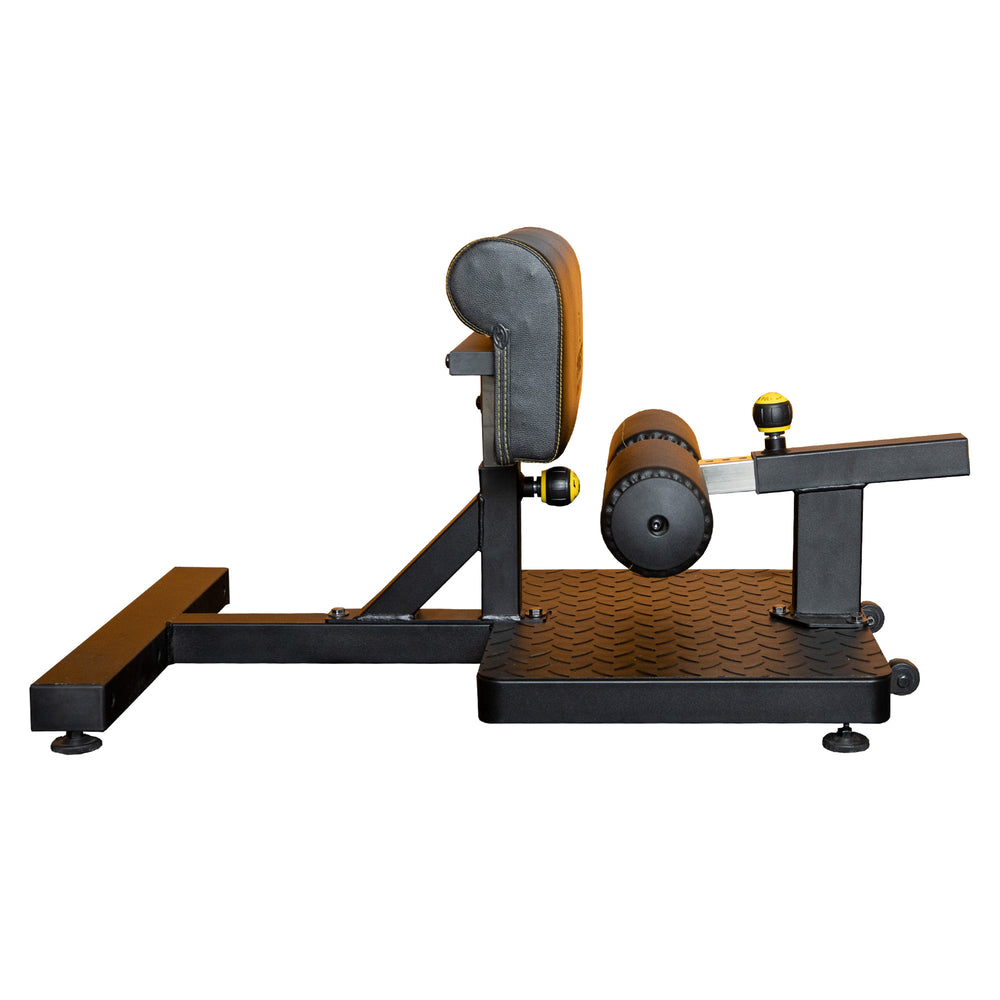 Side view of the Powertec Sissy Squat Pro, highlighting the adjustable ankle pads and sturdy frame for home gym use.