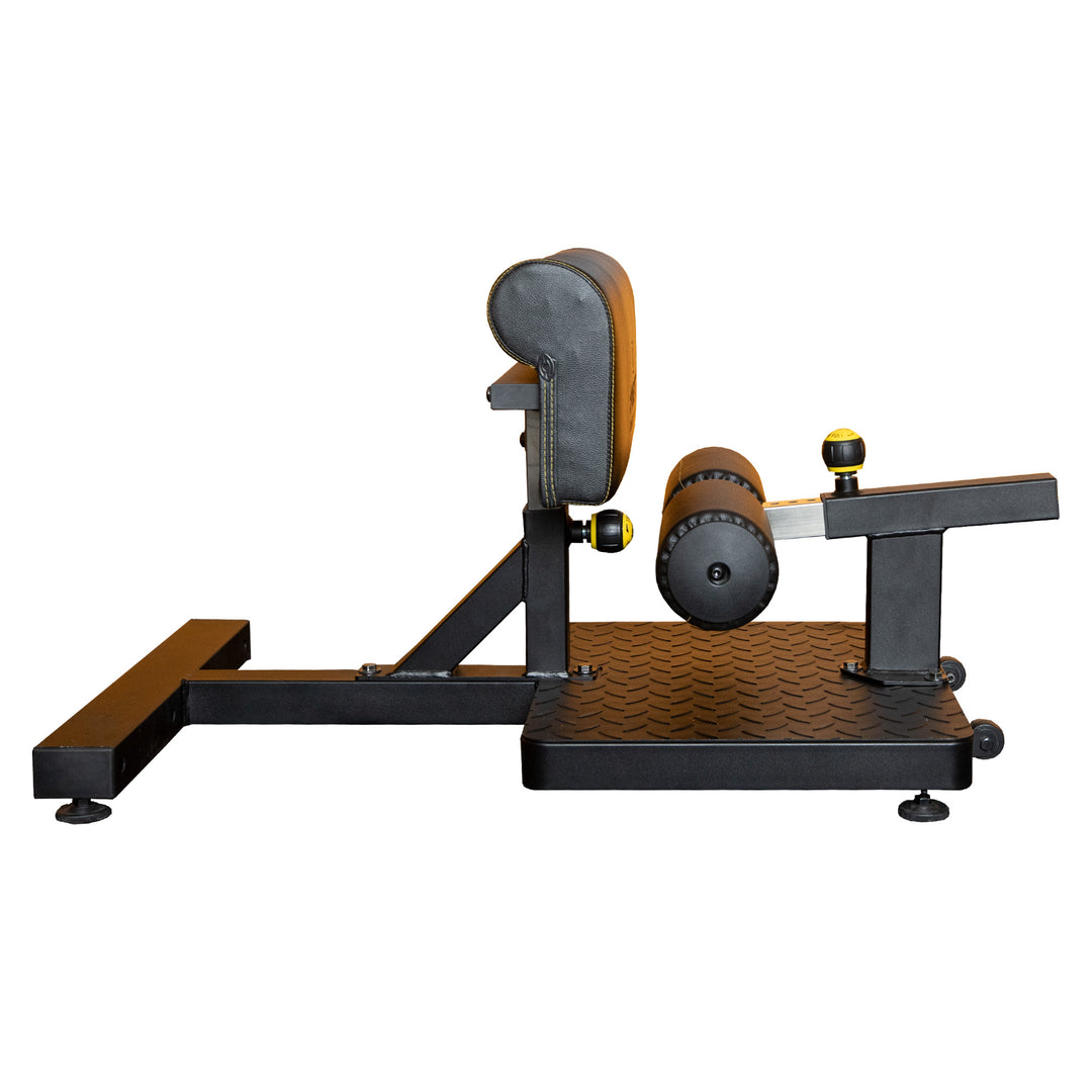 Side view of the Powertec Sissy Squat Pro, highlighting the adjustable ankle pads and sturdy frame for home gym use.