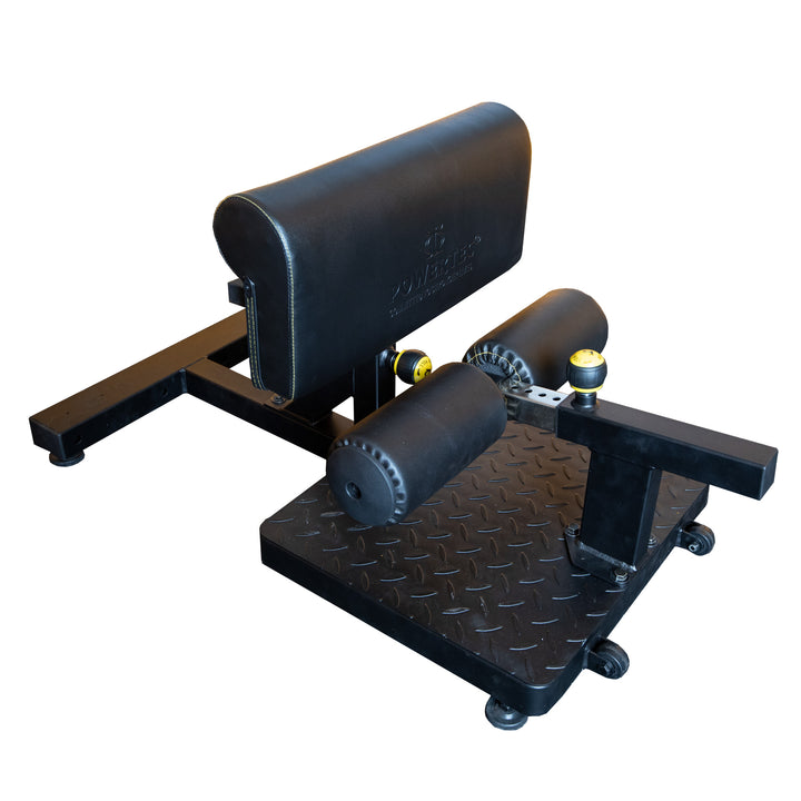 Close-up of the Powertec Sissy Squat Pro footplate and adjustable knee pad, designed for secure positioning during workouts.