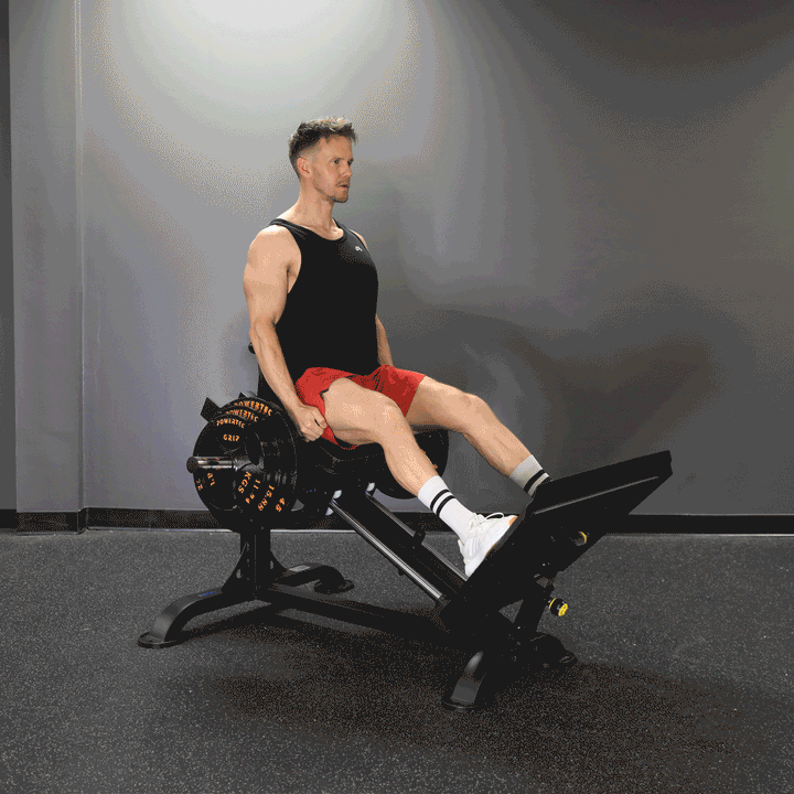 Graphic representation of human figure highlighting legs and core areas targeted by the Compact Leg Sled.