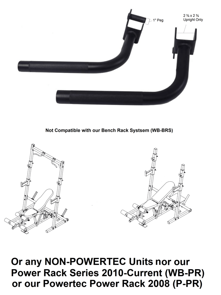 A technical representation of a Half Rack Dip Bars Attachment for gym use.