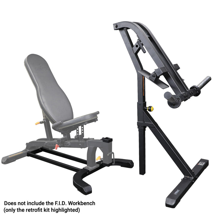A different angle of Workbench Leg Press Attachment with seat in the image- Powertec