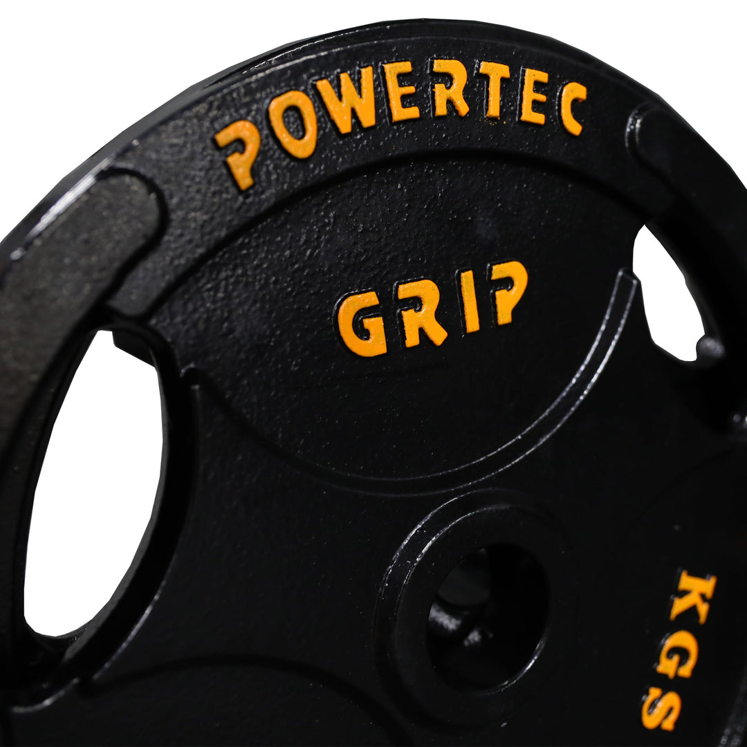 Close up of Olympic Bar and Plates 300 lbs. Set - Powertec