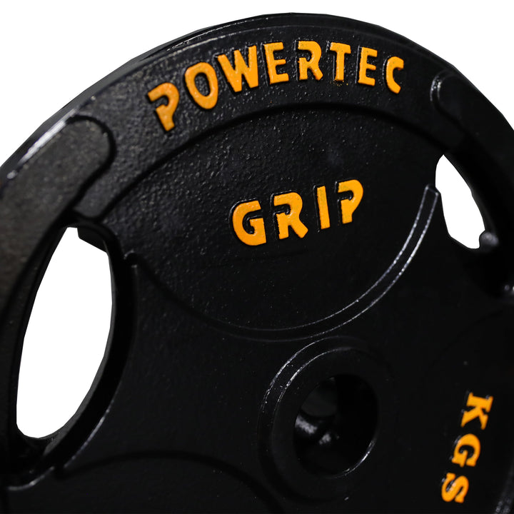 Close up of Olympic Bar and Plates 300 lbs. Set - Powertec