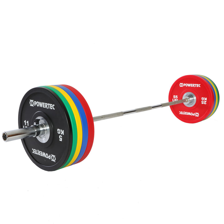 Anniversary Bumper Plates 375 lbs. Set w/ Olympic Bar - Powertec - Showcasing Olympic Bar