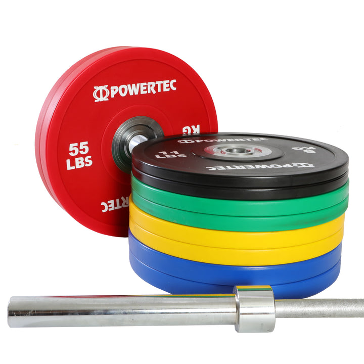 Anniversary Bumper Plates 375 lbs. Set w/ Olympic Bar - Powertec