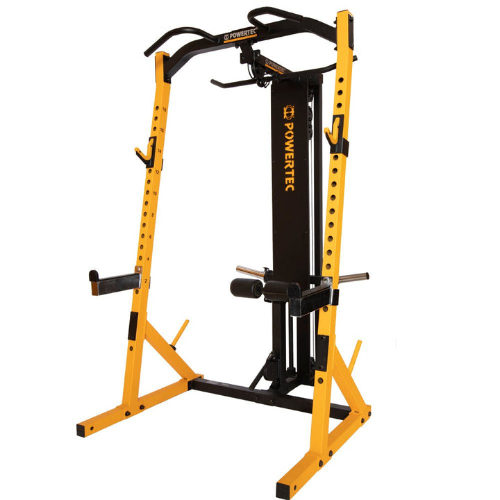 Workbench® Half Rack with Safety Bars | Lat Tower | Powertec | Home Gym Equipment | Ultimate Strength Building Machines
