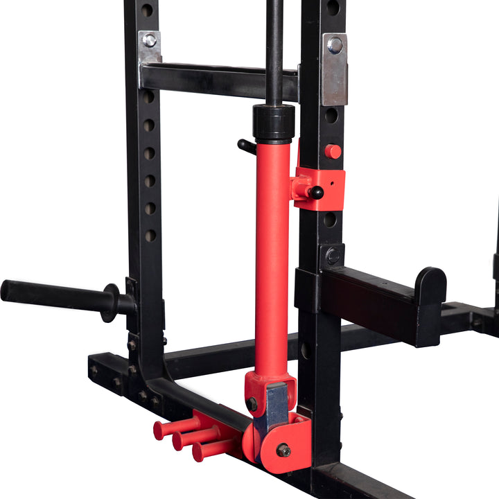 POWER RACK - Barbell Landmine Attachment with Workbench Power Rack with Barbell (Close up) | Powertec | Home Gym Equipment