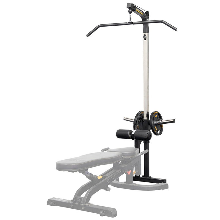 Workbench Lat Tower Attachment Plate Loaded with F.I.D. Bench | Powertec | Home Gym Equipment