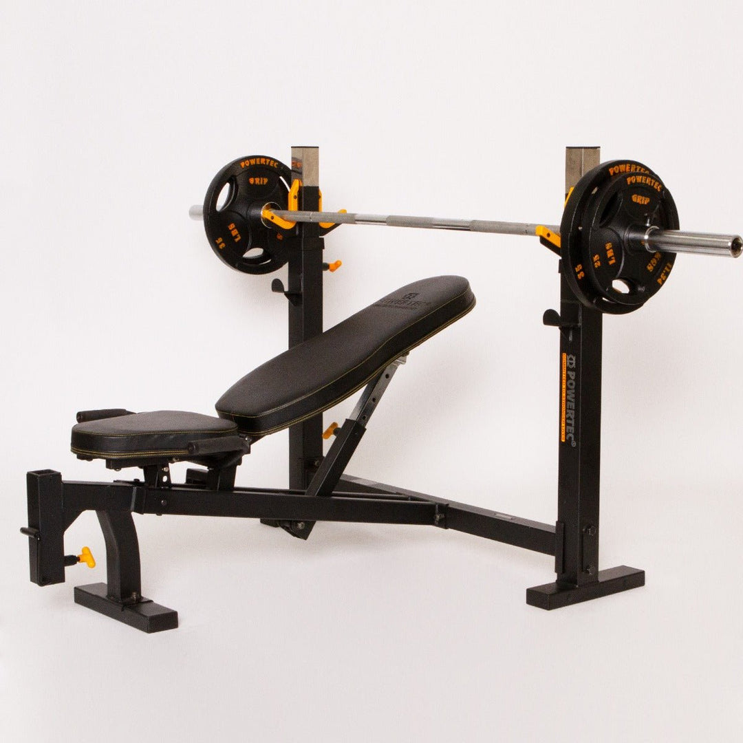 Workbench® Olympic Bench With Barbell  (Angled View) | Powertec | Home Gym Equipment | Ultimate Strength Building Machines